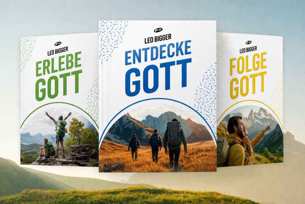 Buchcover mit Berglandschaft, drei Bücher mit Titeln: Erlebe Gott, Entdecke Gott, Folge Gott.