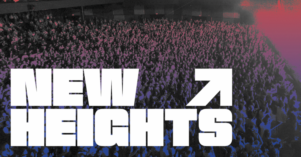 Großes Logo mit den Worten "NEW HEIGHTS" und einem Pfeil nach oben.