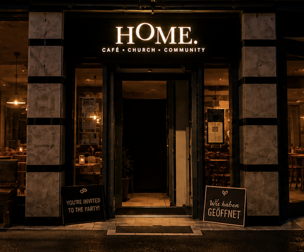 Eingang des Cafés mit beleuchteter Beschilderung "HOME" und Schilder vor der Tür.