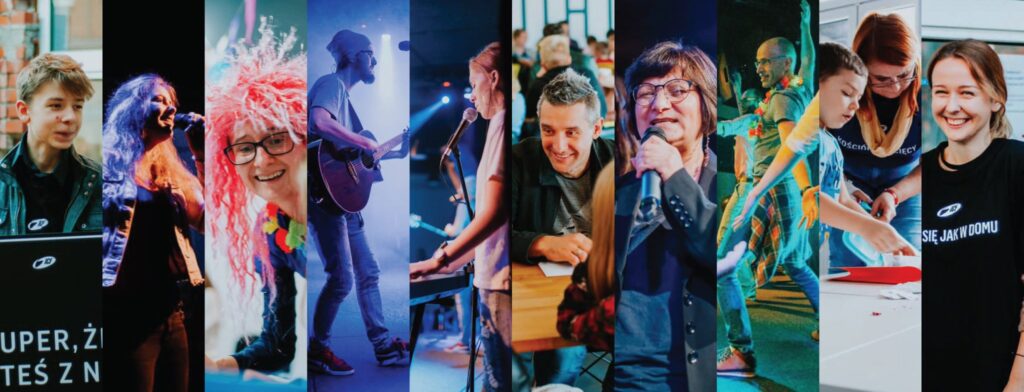 A diverse group of individuals participating in performances, playing guitar, and working at tables.