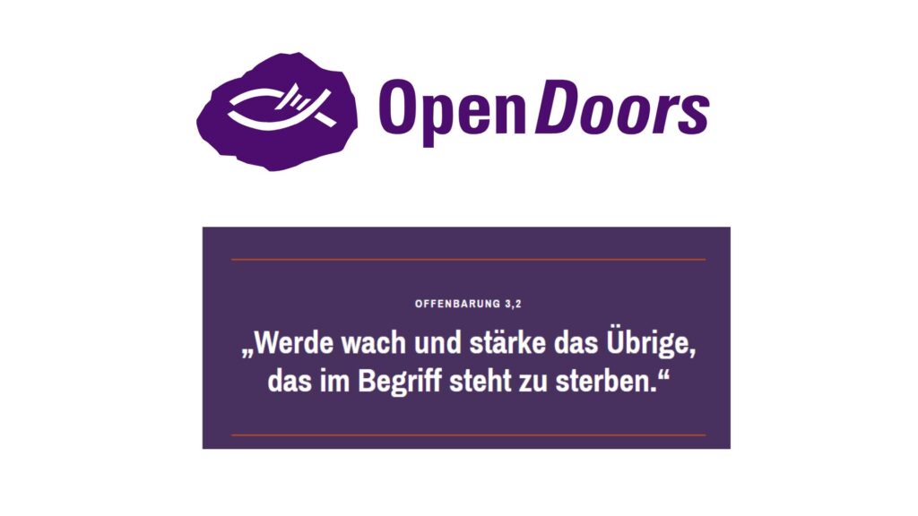 Logo with open door and hand, text on dark background.