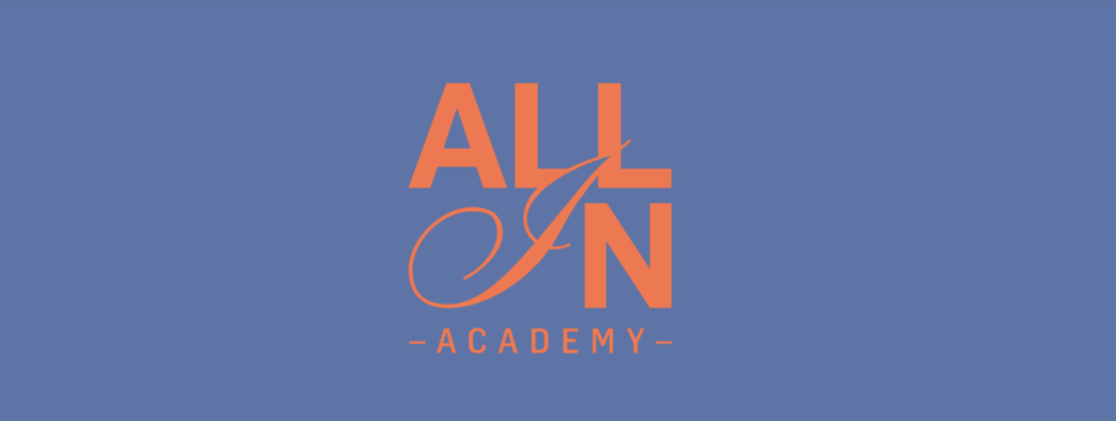 The image shows the All in Academy logo with orange text on a blue background.