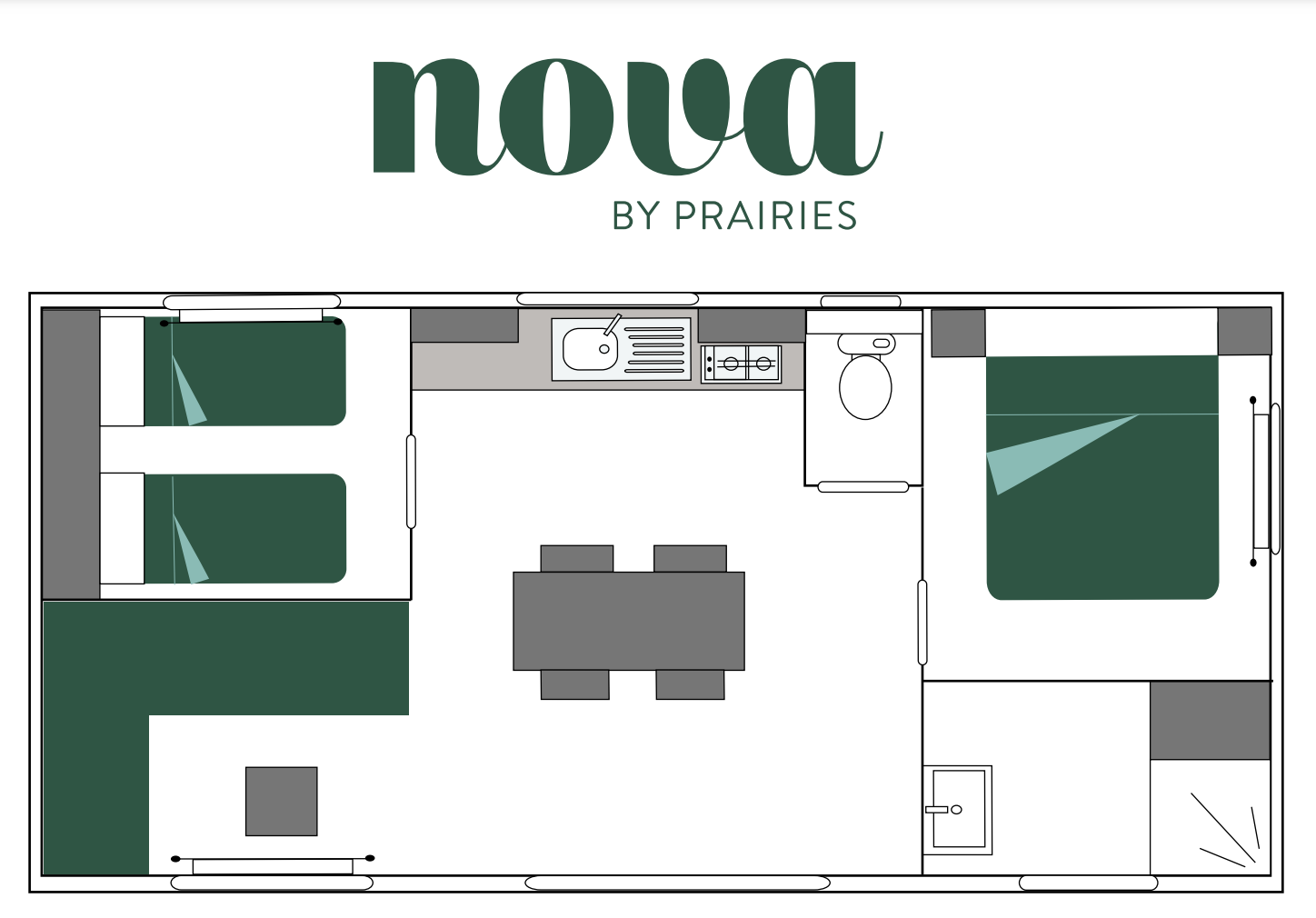 Innenansicht eines modernen Tiny House mit offener Küche, Schlafbereich und Wohnraum, ideal für Herbstcamps und nachhaltiges Wohnen.