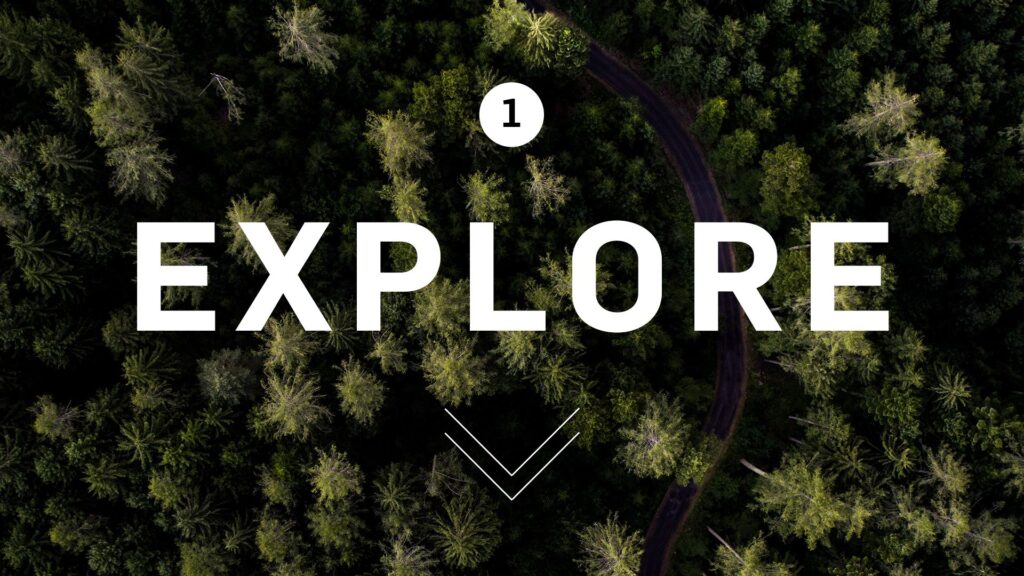 Hochwertiges Bild eines grünen Waldgebietes mit einer weichen Textur und einer großen, lesbaren Schrift "EXPLORE" im Vordergrund.